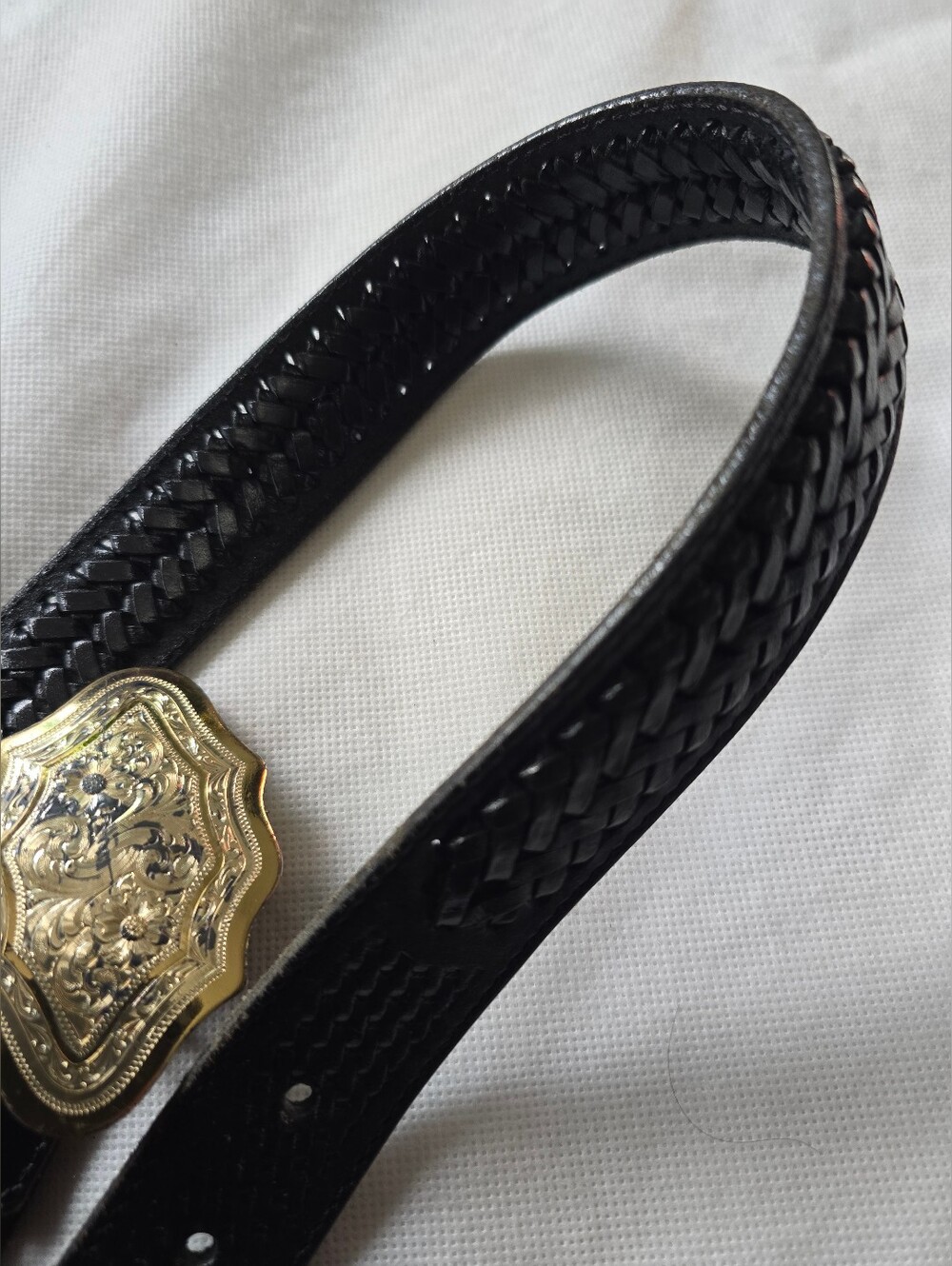 CMexico Made Black Leather Belt Partly Braded w/ Gold Floral Western Buckle 32 - Picture 2 of 9